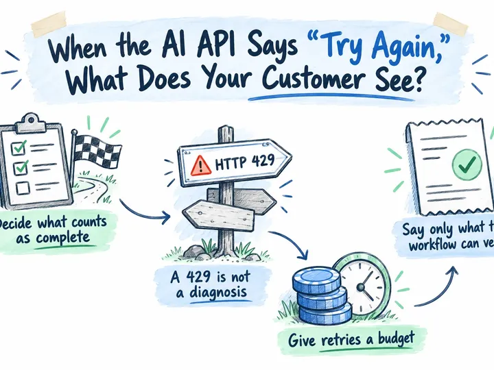 Illustrated infographic summarizing: When the AI API Says “Try Again,” What Does Your Customer See?