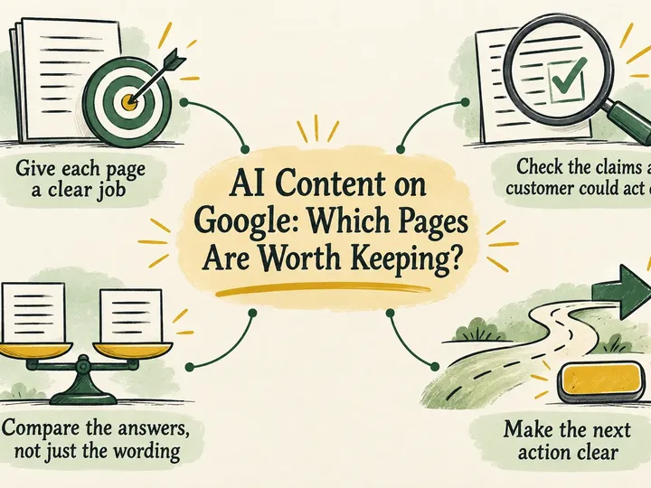 Illustrated infographic summarizing: AI Content on Google: Which Pages Are Worth Keeping?