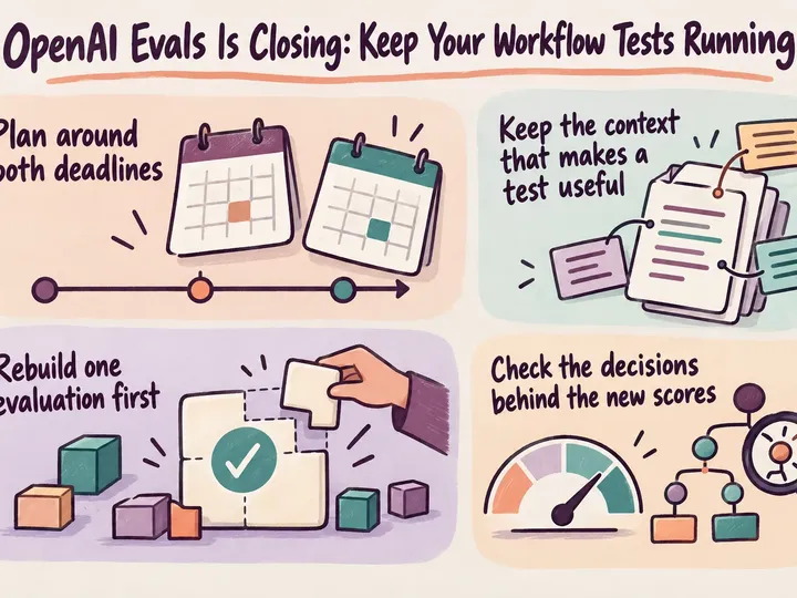 Illustrated infographic summarizing: OpenAI Evals Is Closing: Keep Your Workflow Tests Running