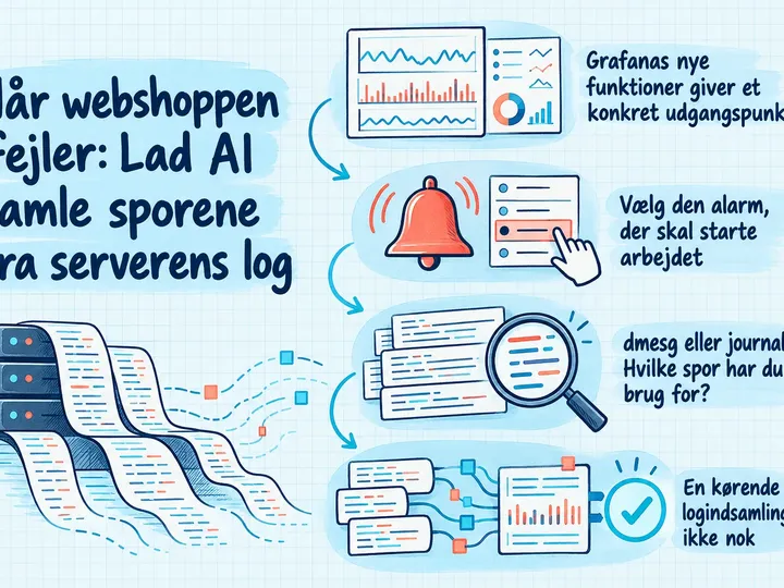 Illustreret infografik, der opsummerer: Når webshoppen fejler: Lad AI samle sporene fra serverens log