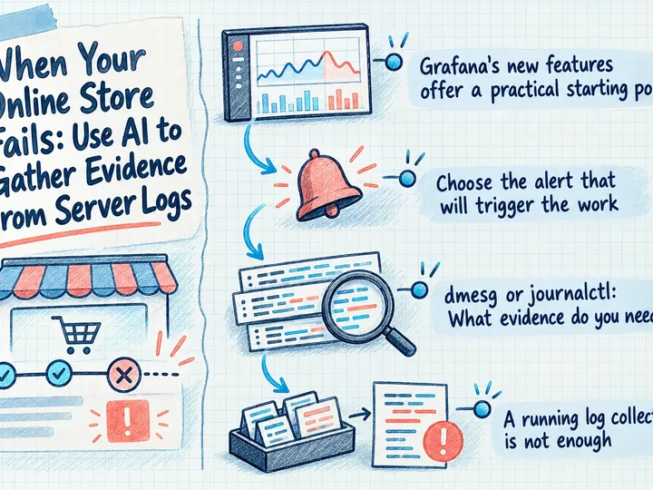 Illustrated infographic summarizing: When Your Online Store Fails: Use AI to Gather Evidence from Server Logs