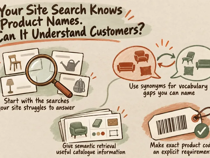 Illustrated infographic summarizing: Your Site Search Knows Product Names. Can It Understand Customers?
