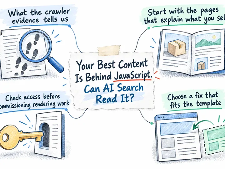 Illustrated infographic summarizing: Your Best Content Is Behind JavaScript. Can AI Search Read It?