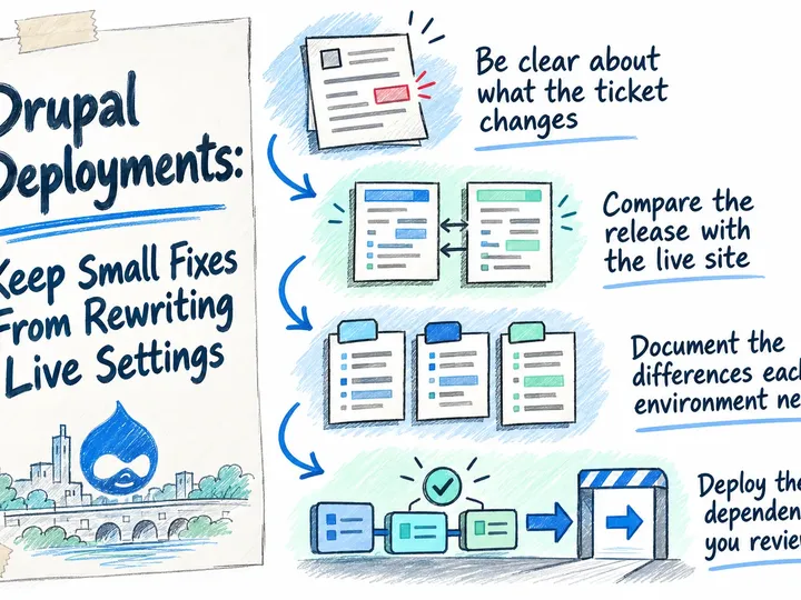 Illustrated infographic summarizing: Drupal Deployments: Keep Small Fixes From Rewriting Live Settings