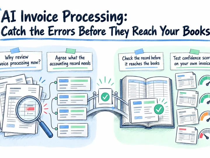 Illustrated infographic summarizing: AI Invoice Processing: Catch the Errors Before They Reach Your Books