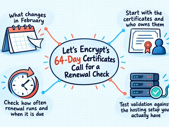 Illustrated infographic summarizing: Let’s Encrypt’s 64-Day Certificates Call for a Renewal Check