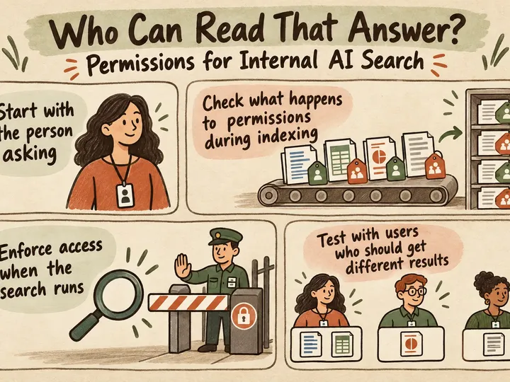 Illustrated infographic summarizing: Who Can Read That Answer? Permissions for Internal AI Search