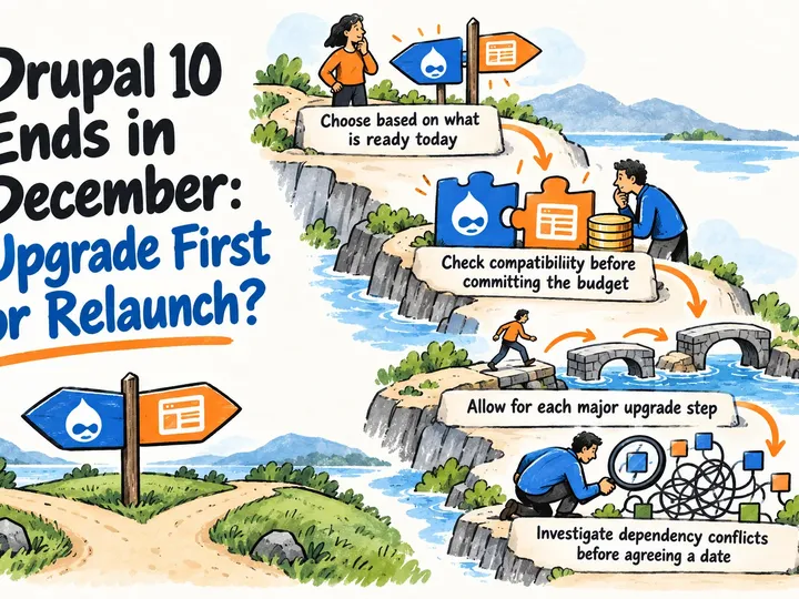 Illustrated infographic summarizing: Drupal 10 Ends in December: Upgrade First or Relaunch?