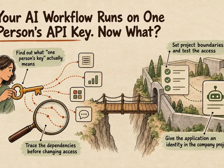 Illustrated infographic summarizing: Your AI Workflow Runs on One Person’s API Key. Now What?