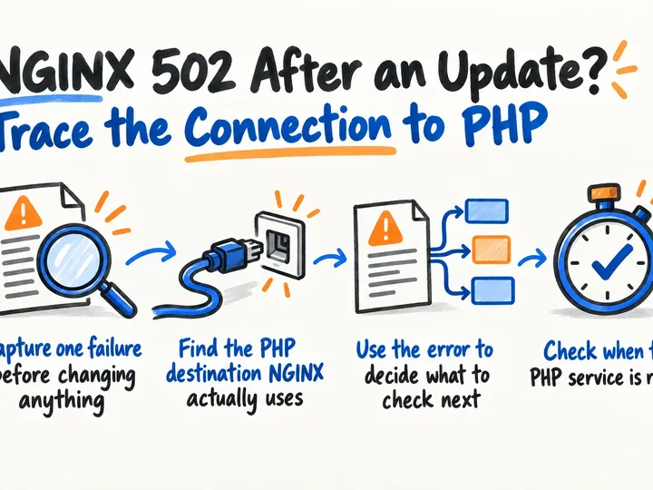 Illustrated infographic summarizing: NGINX 502 After an Update? Trace the Connection to PHP