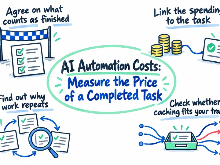 Illustrated infographic summarizing: AI Automation Costs: Measure the Price of a Completed Task