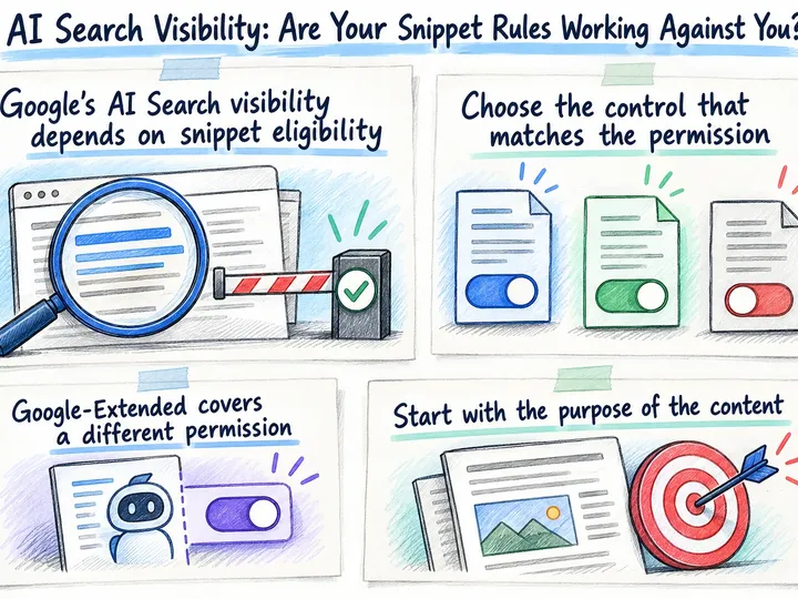 Illustrated infographic summarizing: AI Search Visibility: Are Your Snippet Rules Working Against You?