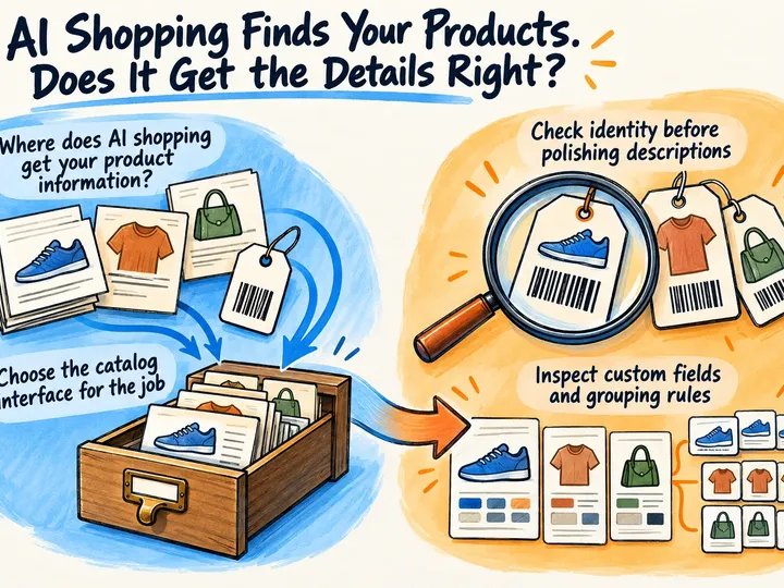Illustrated infographic summarizing: AI Shopping Finds Your Products. Does It Get the Details Right?