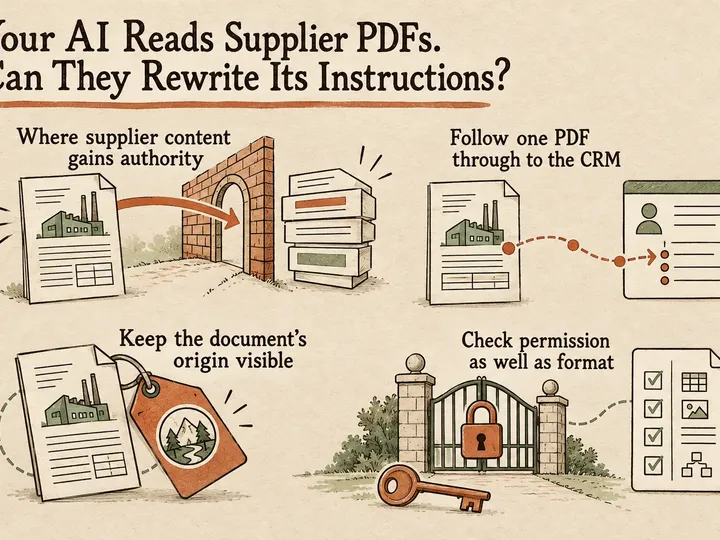 Illustrated infographic summarizing: Your AI Reads Supplier PDFs. Can They Rewrite Its Instructions?