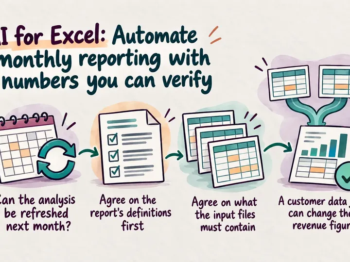 Illustrated infographic summarizing: AI for Excel: Automate monthly reporting with numbers you can verify