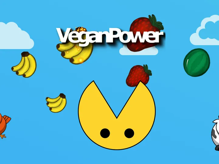 Vegan Power game: the yellow player catches falling fruit while a chicken and a cow look on