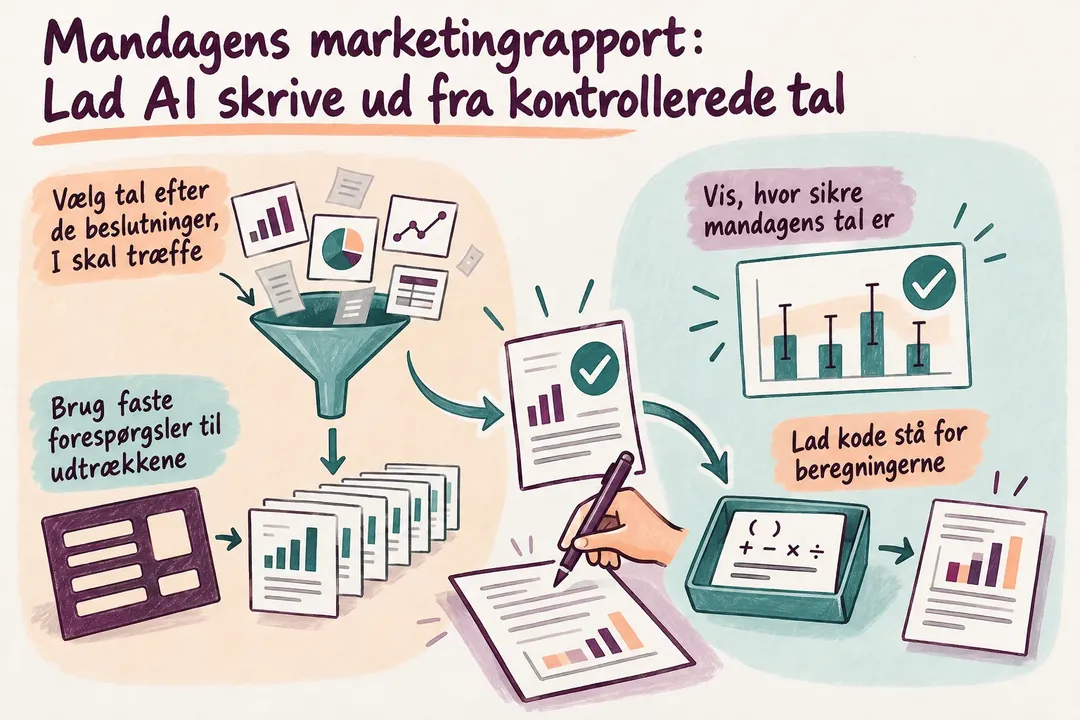 Illustreret infografik, der opsummerer: Mandagens marketingrapport: Lad AI skrive ud fra kontrollerede tal