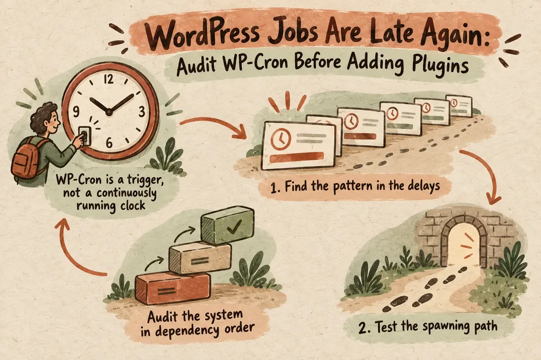 Illustrated infographic summarizing: WordPress Jobs Are Late Again: Audit WP-Cron Before Adding Plugins