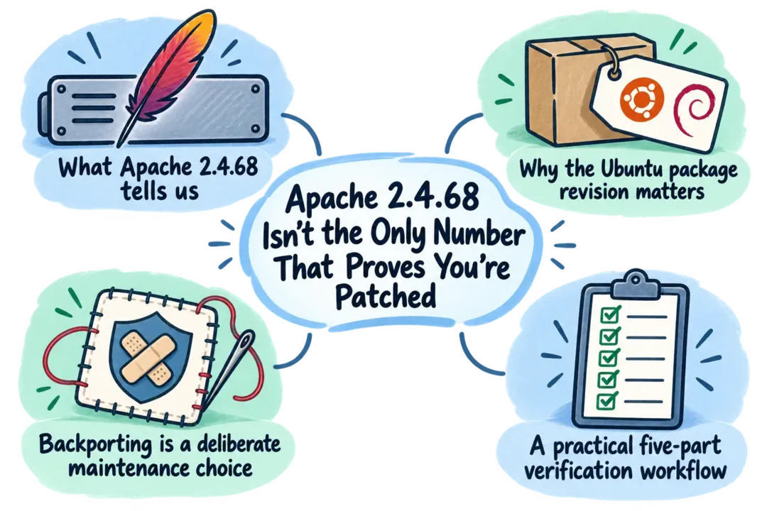 Illustrated infographic summarizing: Apache 2.4.68 Isn’t the Only Number That Proves You’re Patched