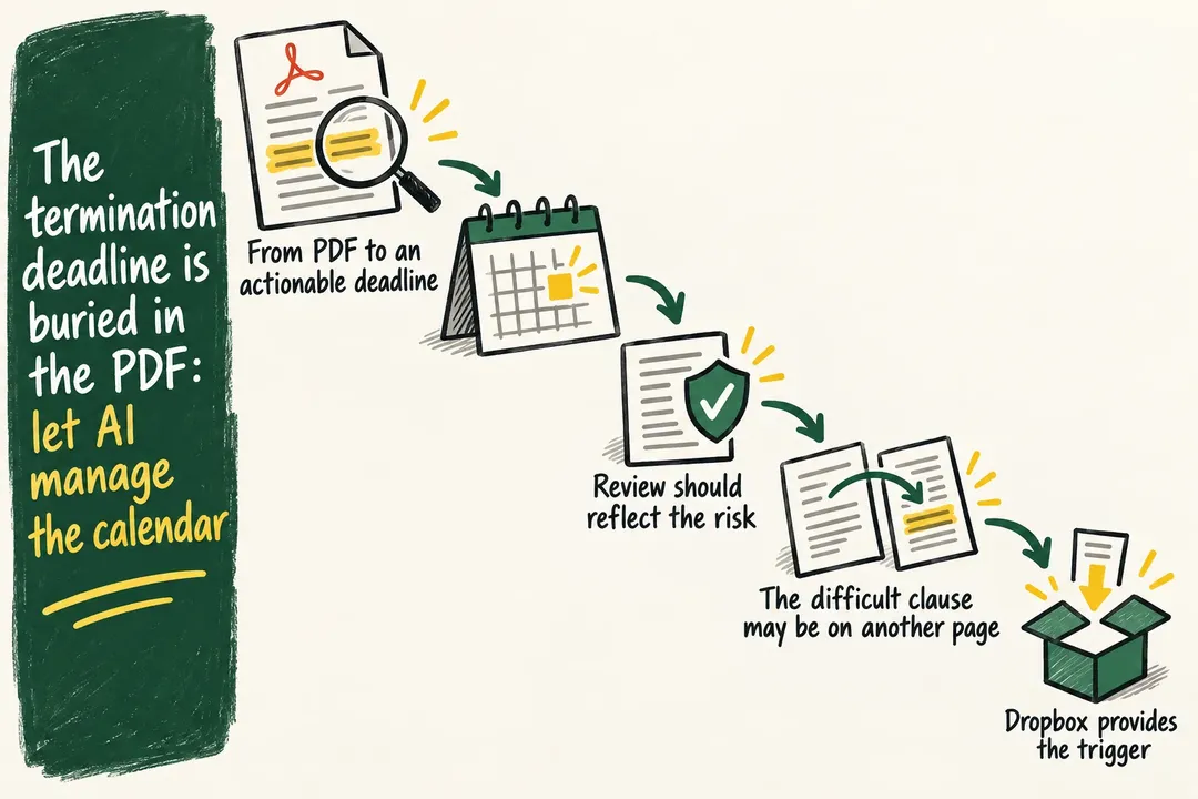 Illustrated infographic summarizing: The termination deadline is buried in the PDF: let AI manage the calendar