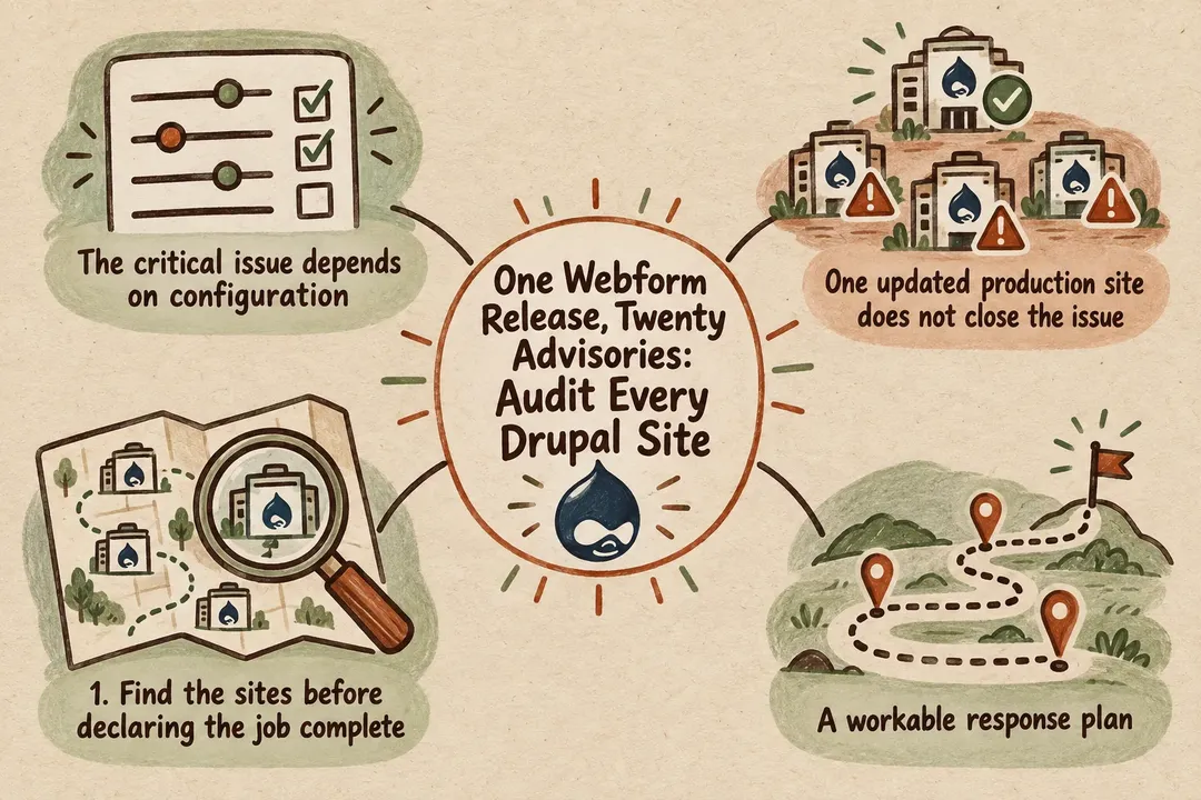 Illustrated infographic summarizing: One Webform Release, Twenty Advisories: Audit Every Drupal Site