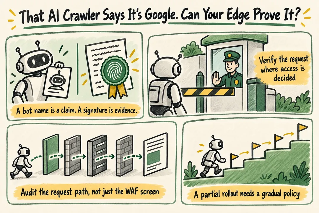 Illustrated infographic summarizing: That AI Crawler Says It’s Google. Can Your Edge Prove It?