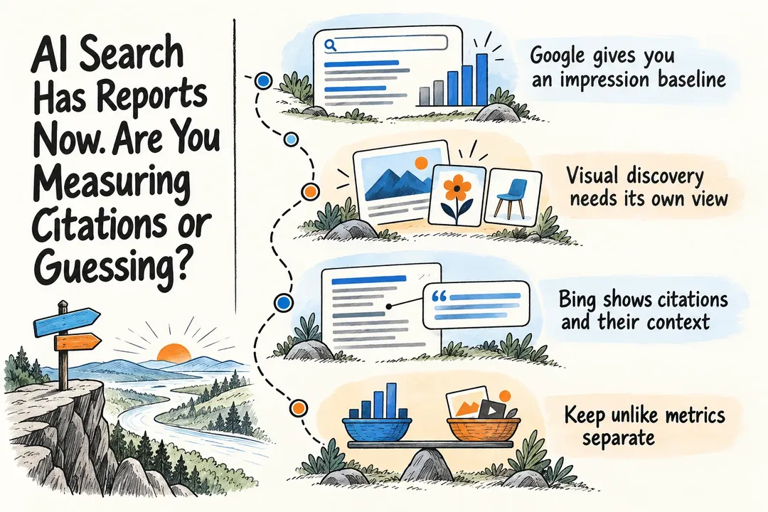 Illustrated infographic summarizing: AI Search Has Reports Now. Are You Measuring Citations or Guessing?