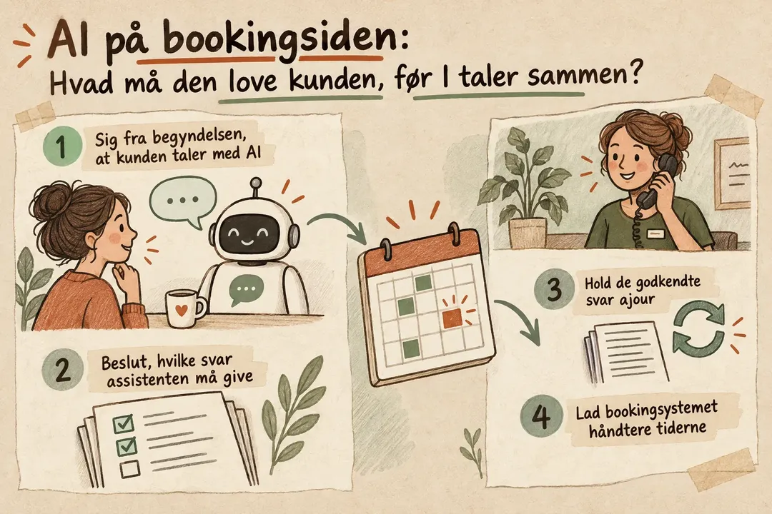 Illustreret infografik, der opsummerer: AI på bookingsiden: Hvad må den love kunden, før I taler sammen?
