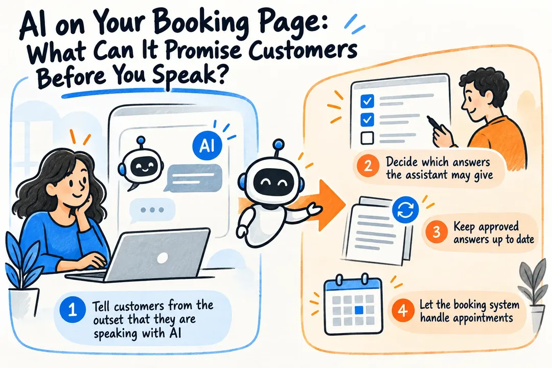 Illustrated infographic summarizing: AI on Your Booking Page: What Can It Promise Customers Before You Speak?