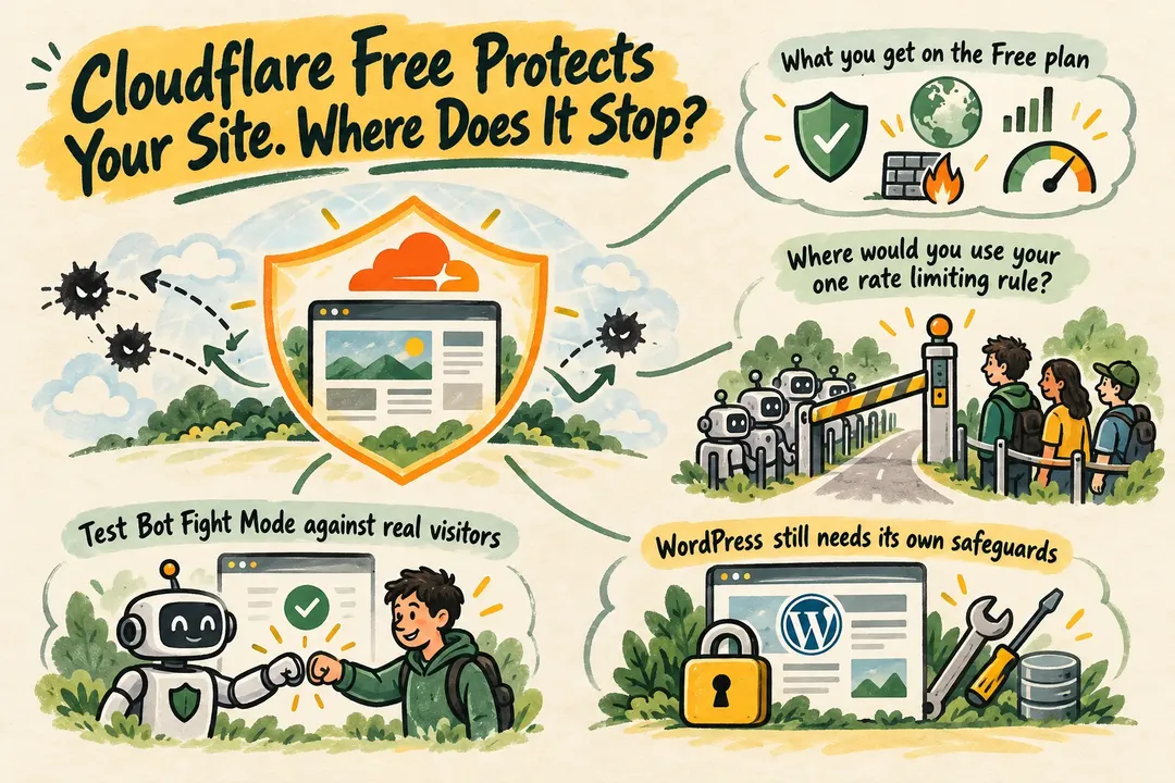 Illustrated infographic summarizing: Cloudflare Free Protects Your Site. Where Does It Stop?