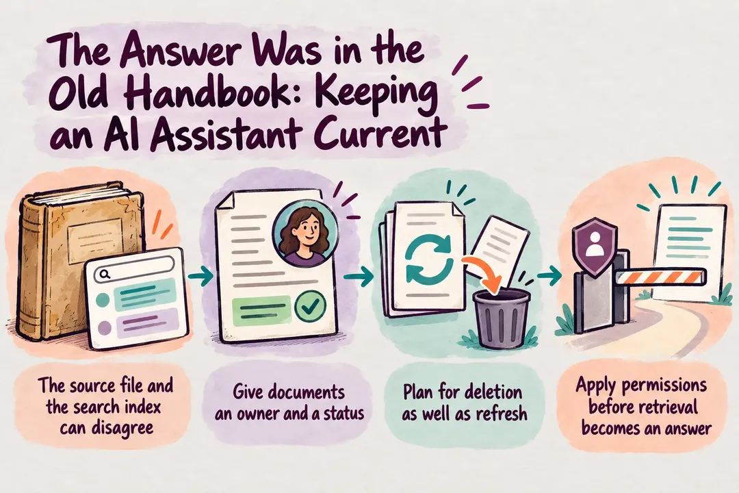 Illustrated infographic summarizing: The Answer Was in the Old Handbook: Keeping an AI Assistant Current