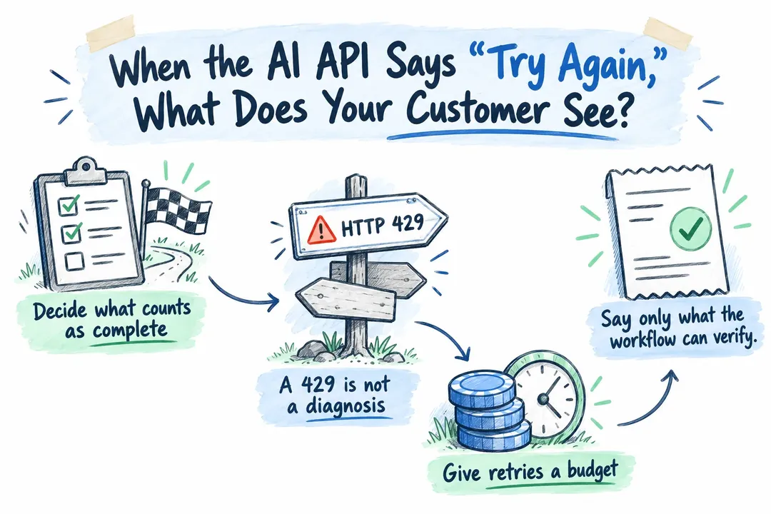 Illustrated infographic summarizing: When the AI API Says “Try Again,” What Does Your Customer See?