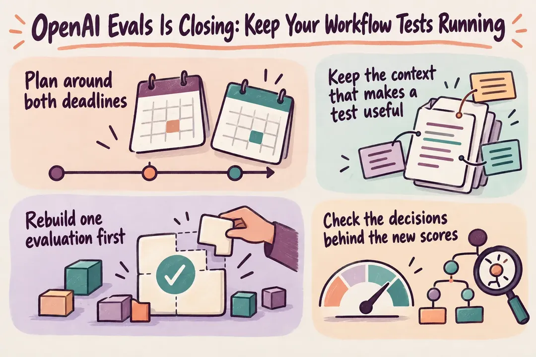 Illustrated infographic summarizing: OpenAI Evals Is Closing: Keep Your Workflow Tests Running