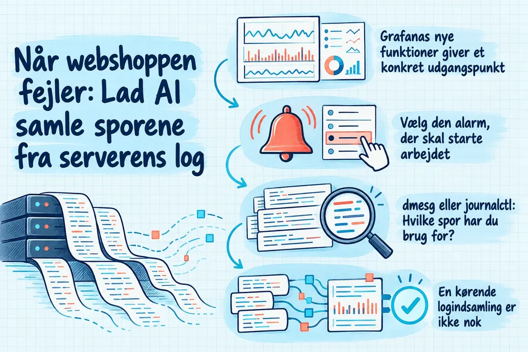 Illustreret infografik, der opsummerer: Når webshoppen fejler: Lad AI samle sporene fra serverens log