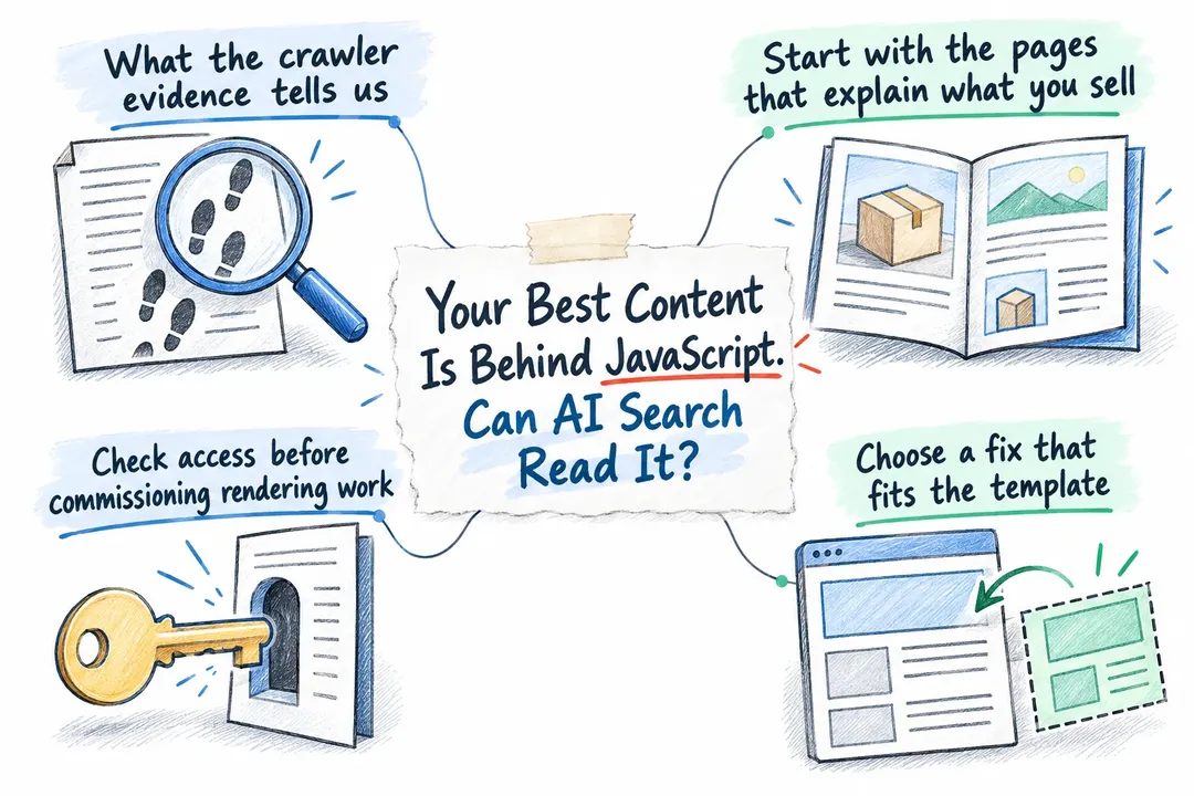 Illustrated infographic summarizing: Your Best Content Is Behind JavaScript. Can AI Search Read It?