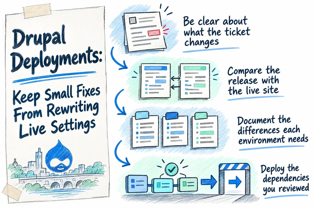 Illustrated infographic summarizing: Drupal Deployments: Keep Small Fixes From Rewriting Live Settings