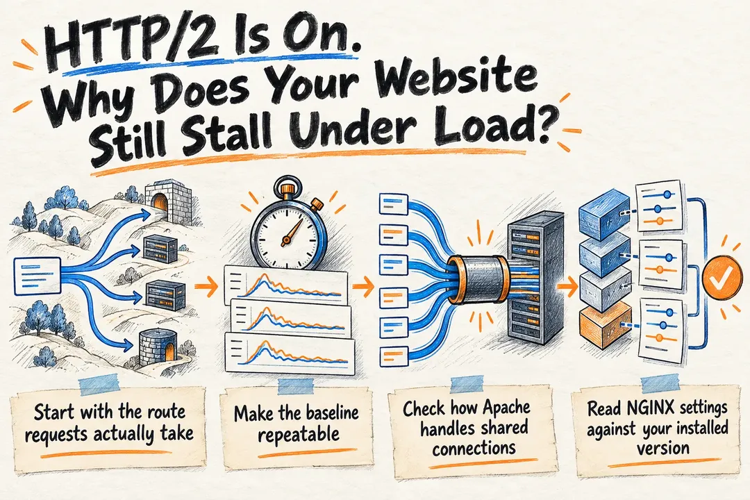 Illustrated infographic summarizing: HTTP/2 Is On. Why Does Your Website Still Stall Under Load?