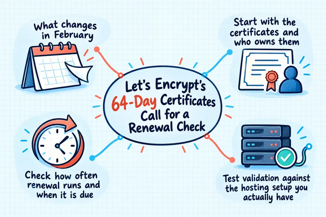 Illustrated infographic summarizing: Let’s Encrypt’s 64-Day Certificates Call for a Renewal Check