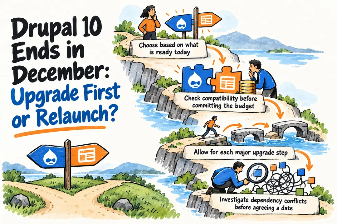 Illustrated infographic summarizing: Drupal 10 Ends in December: Upgrade First or Relaunch?