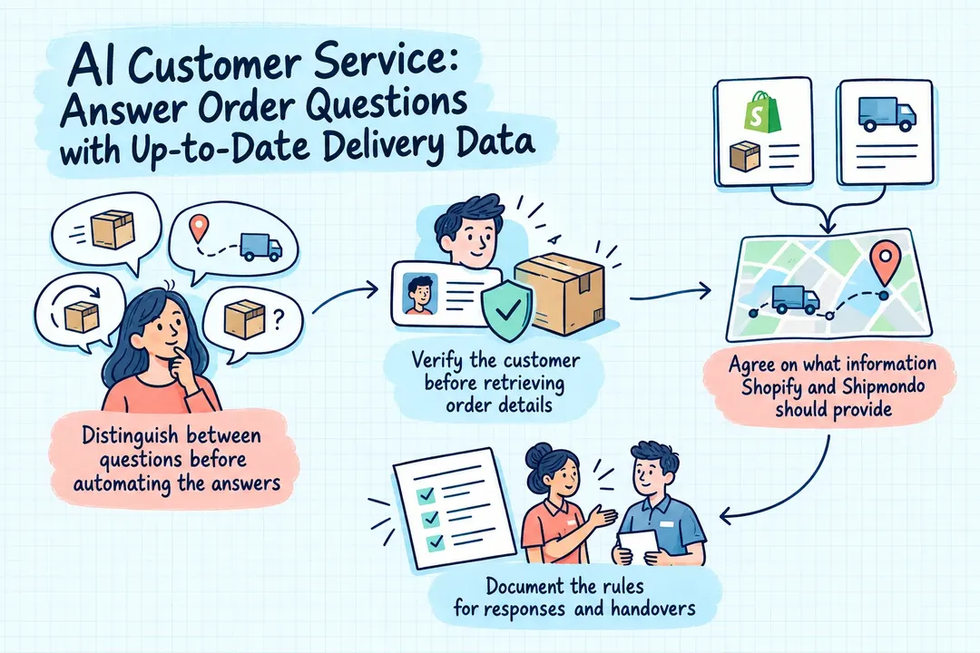 Illustrated infographic summarizing: AI Customer Service: Answer Order Questions with Up-to-Date Delivery Data