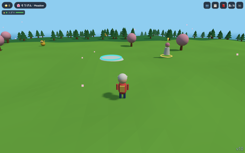 KotobaMon running in a browser: the low-poly island in third person, the trainer standing on a green meadow with cherry trees and pines, two wild monsters roaming nearby and a healing pad ahead. The HUD shows the score, the current biome そうげん · Meadow and the party slot コダマ.