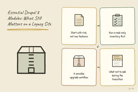Illustrated infographic summarizing: Essential Drupal 8 Modules: What Still Matters on a Legacy Site