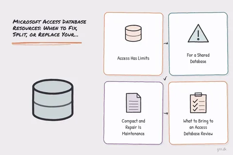 Illustrated infographic summarizing: Microsoft Access Database Resources: When to Fix, Split, or Replace Your System