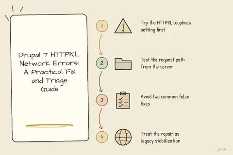 Illustrated infographic summarizing: Drupal 7 HTTPRL Network Errors: A Practical Fix and Triage Guide