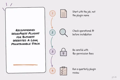 Illustrated infographic summarizing: Recommended WordPress Plugins for Business Websites: A Lean, Maintainable Stack