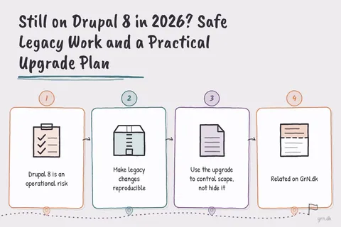 Illustrated infographic summarizing: Still on Drupal 8 in 2026? Safe Legacy Work and a Practical Upgrade Plan