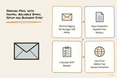 Illustrated infographic summarizing: Sending Mail with Drupal: Reliable Email Setup for Business Sites