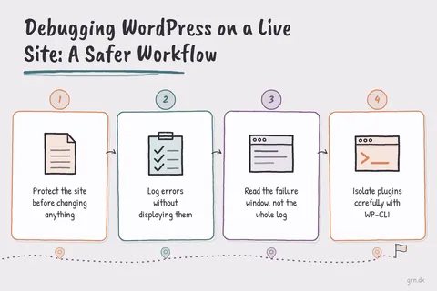 Illustrated infographic summarizing: Debugging WordPress on a Live Site: A Safer Workflow