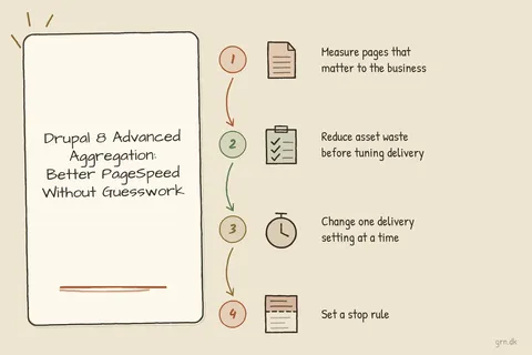 Illustrated infographic summarizing: Drupal 8 Advanced Aggregation: Better PageSpeed Without Guesswork