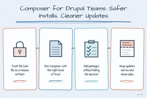 Illustrated infographic summarizing: Composer for Drupal Teams: Safer Installs, Cleaner Updates